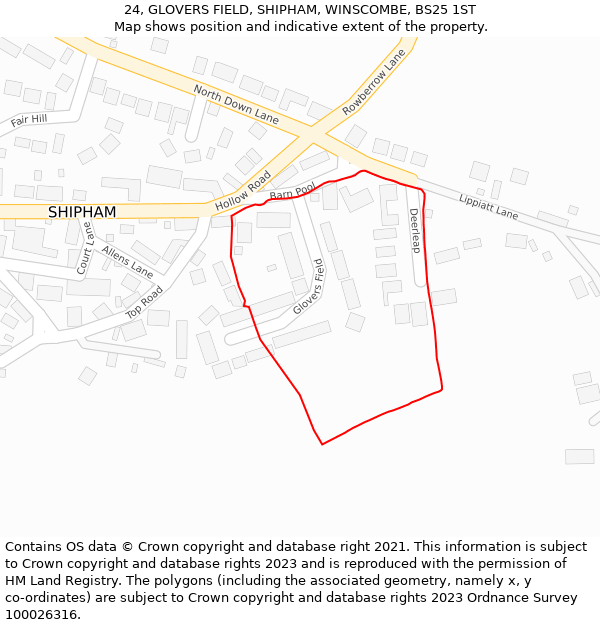 24, GLOVERS FIELD, SHIPHAM, WINSCOMBE, BS25 1ST: Location map and indicative extent of plot