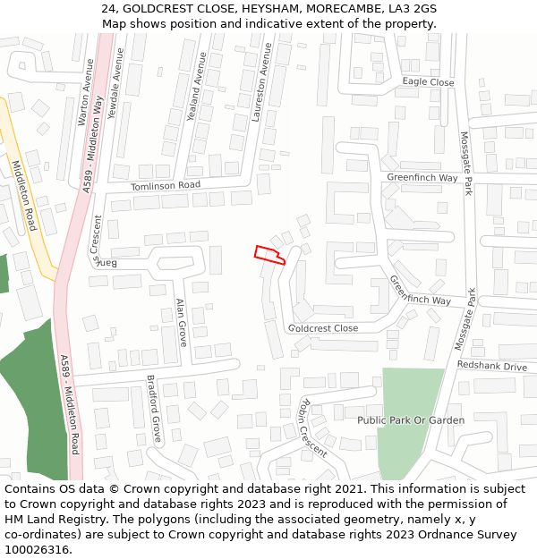 24, GOLDCREST CLOSE, HEYSHAM, MORECAMBE, LA3 2GS: Location map and indicative extent of plot