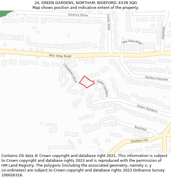 24, GREEN GARDENS, NORTHAM, BIDEFORD, EX39 3QG: Location map and indicative extent of plot