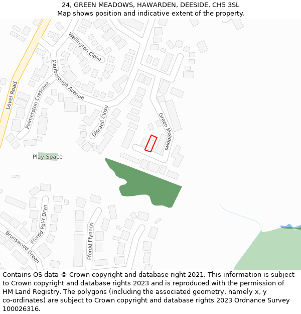 24, GREEN MEADOWS, HAWARDEN, DEESIDE, CH5 3SL: Location map and indicative extent of plot