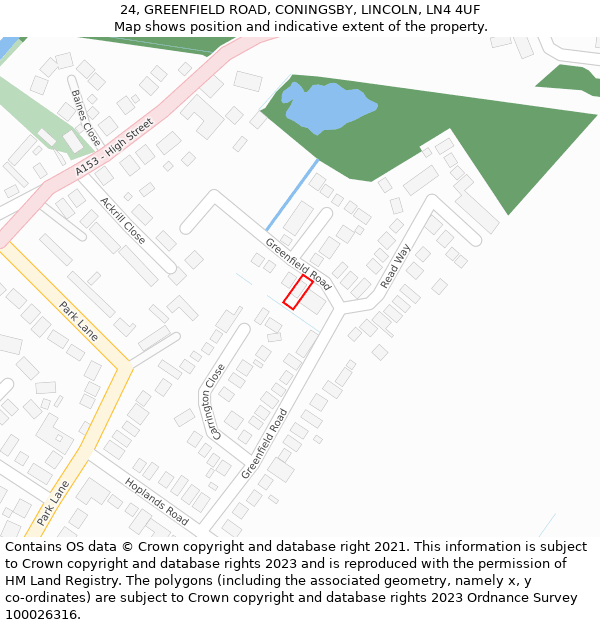 24, GREENFIELD ROAD, CONINGSBY, LINCOLN, LN4 4UF: Location map and indicative extent of plot