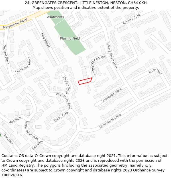 24, GREENGATES CRESCENT, LITTLE NESTON, NESTON, CH64 0XH: Location map and indicative extent of plot