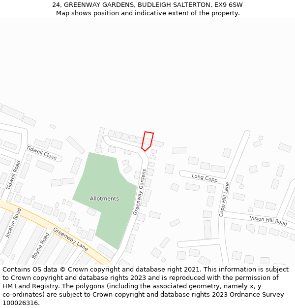 24, GREENWAY GARDENS, BUDLEIGH SALTERTON, EX9 6SW: Location map and indicative extent of plot