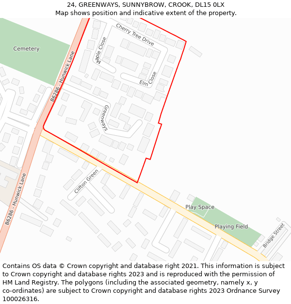 24, GREENWAYS, SUNNYBROW, CROOK, DL15 0LX: Location map and indicative extent of plot