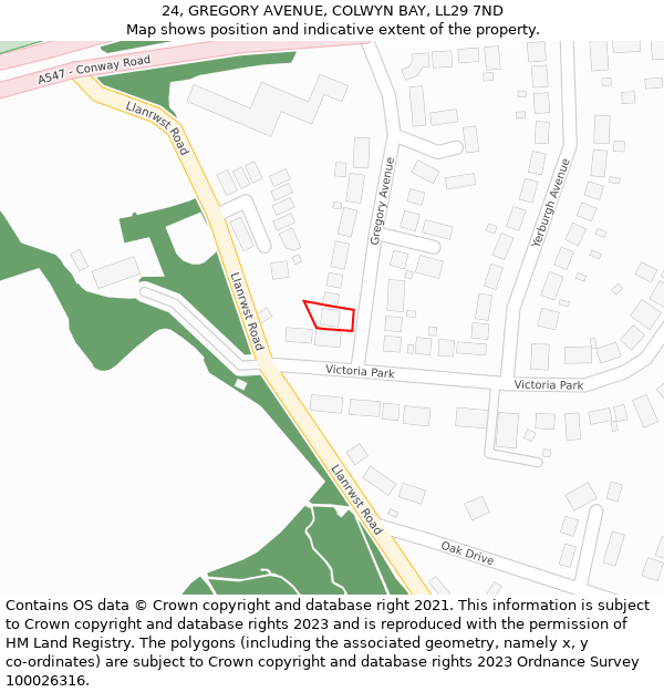 24, GREGORY AVENUE, COLWYN BAY, LL29 7ND: Location map and indicative extent of plot