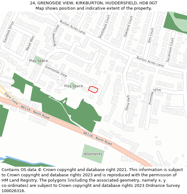 24, GRENOSIDE VIEW, KIRKBURTON, HUDDERSFIELD, HD8 0GT: Location map and indicative extent of plot