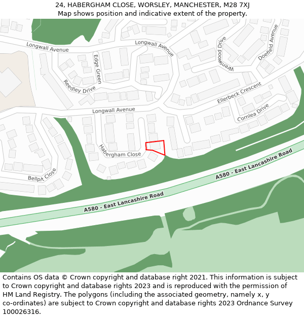 24, HABERGHAM CLOSE, WORSLEY, MANCHESTER, M28 7XJ: Location map and indicative extent of plot