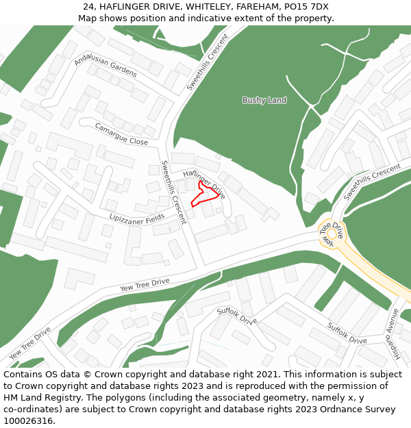 24, HAFLINGER DRIVE, WHITELEY, FAREHAM, PO15 7DX: Location map and indicative extent of plot