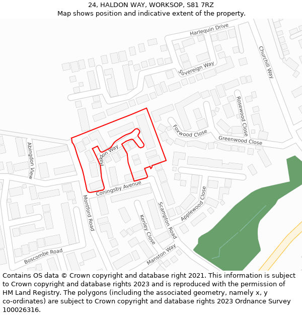 24, HALDON WAY, WORKSOP, S81 7RZ: Location map and indicative extent of plot