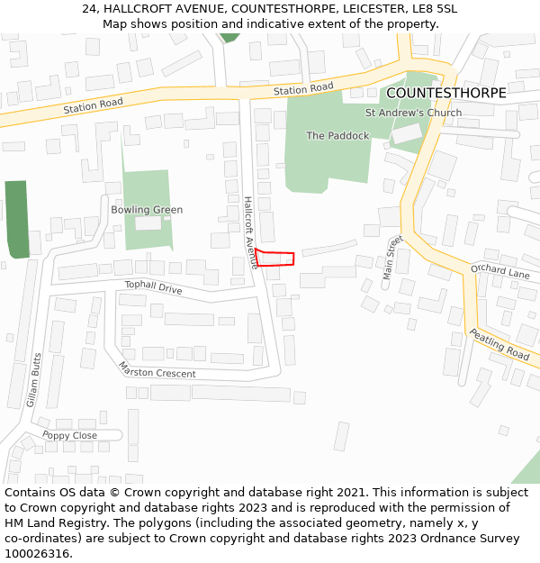 24, HALLCROFT AVENUE, COUNTESTHORPE, LEICESTER, LE8 5SL: Location map and indicative extent of plot