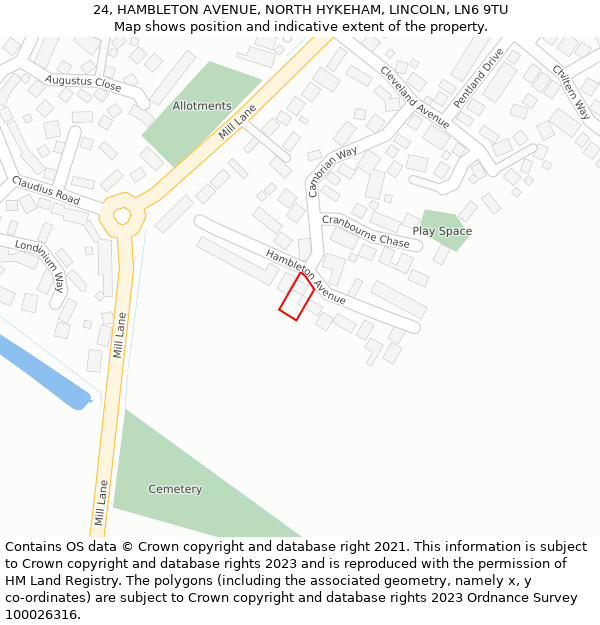 24, HAMBLETON AVENUE, NORTH HYKEHAM, LINCOLN, LN6 9TU: Location map and indicative extent of plot