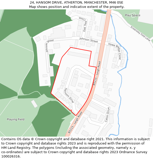 24, HANSOM DRIVE, ATHERTON, MANCHESTER, M46 0SE: Location map and indicative extent of plot