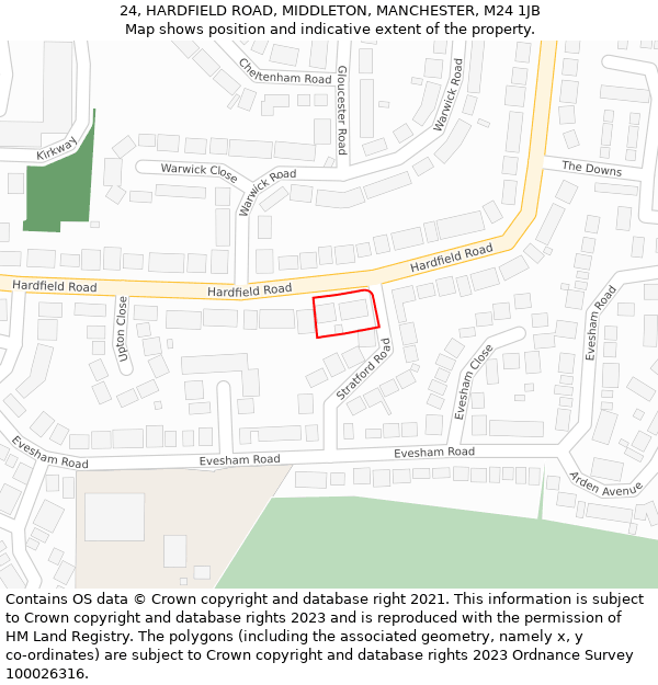 24, HARDFIELD ROAD, MIDDLETON, MANCHESTER, M24 1JB: Location map and indicative extent of plot