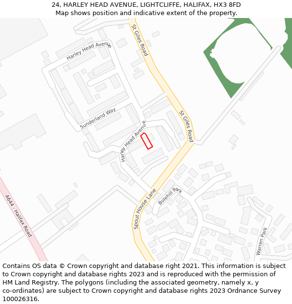 24, HARLEY HEAD AVENUE, LIGHTCLIFFE, HALIFAX, HX3 8FD: Location map and indicative extent of plot