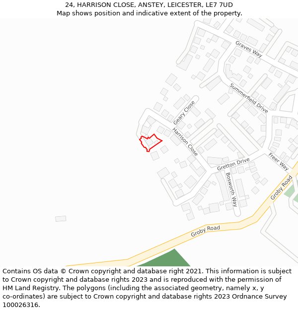 24, HARRISON CLOSE, ANSTEY, LEICESTER, LE7 7UD: Location map and indicative extent of plot