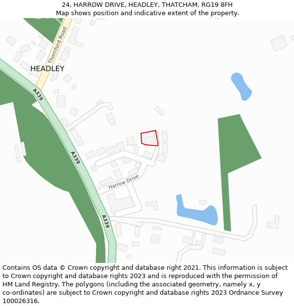 24, HARROW DRIVE, HEADLEY, THATCHAM, RG19 8FH: Location map and indicative extent of plot