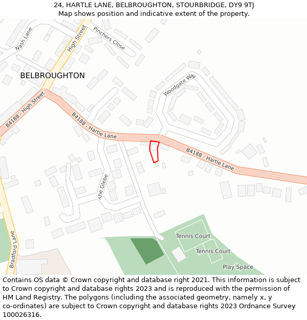 24, HARTLE LANE, BELBROUGHTON, STOURBRIDGE, DY9 9TJ: Location map and indicative extent of plot