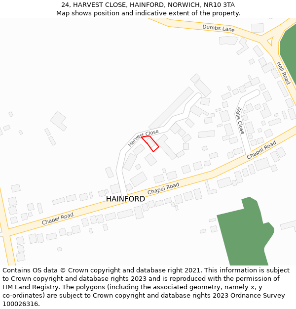 24, HARVEST CLOSE, HAINFORD, NORWICH, NR10 3TA: Location map and indicative extent of plot