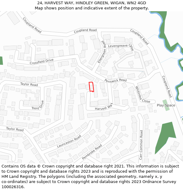 24, HARVEST WAY, HINDLEY GREEN, WIGAN, WN2 4GD: Location map and indicative extent of plot