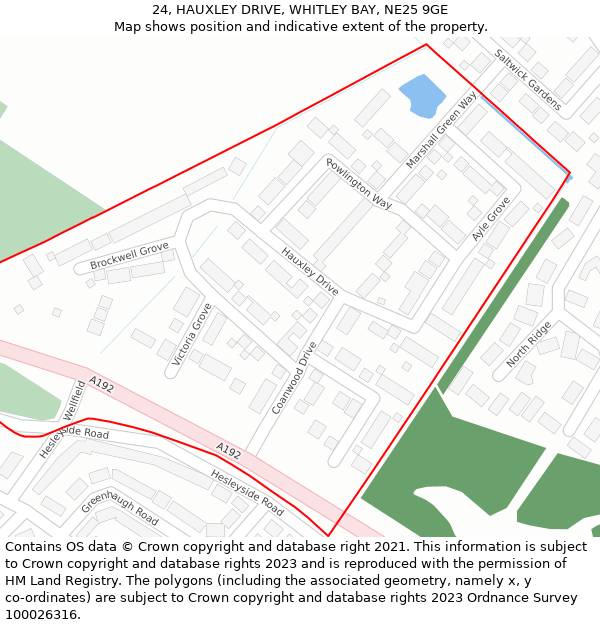 24, HAUXLEY DRIVE, WHITLEY BAY, NE25 9GE: Location map and indicative extent of plot