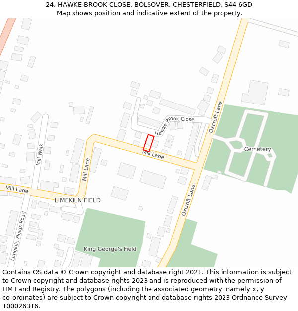 24, HAWKE BROOK CLOSE, BOLSOVER, CHESTERFIELD, S44 6GD: Location map and indicative extent of plot