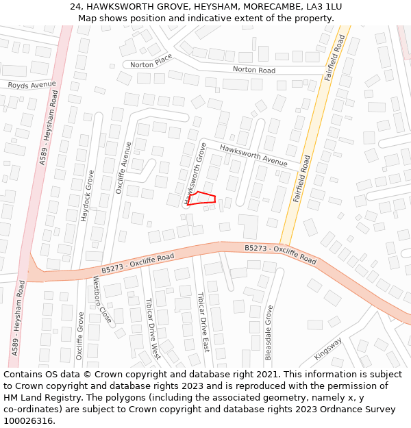 24, HAWKSWORTH GROVE, HEYSHAM, MORECAMBE, LA3 1LU: Location map and indicative extent of plot