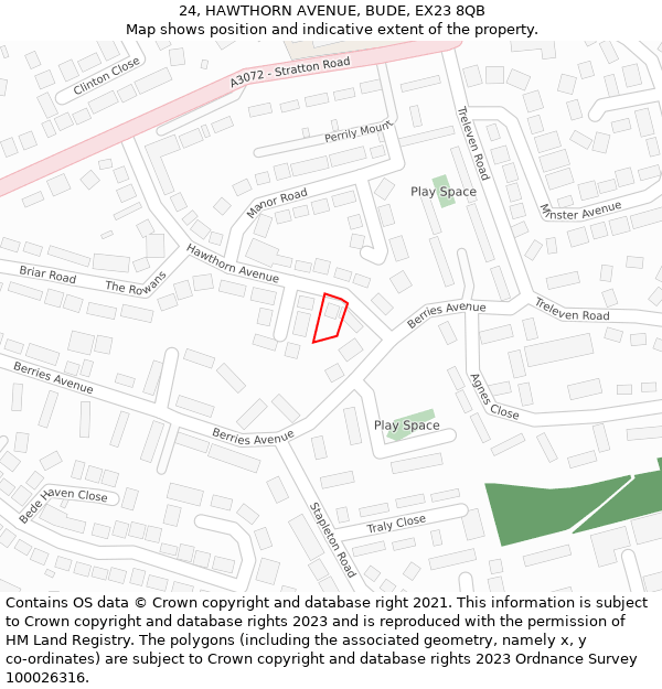 24, HAWTHORN AVENUE, BUDE, EX23 8QB: Location map and indicative extent of plot