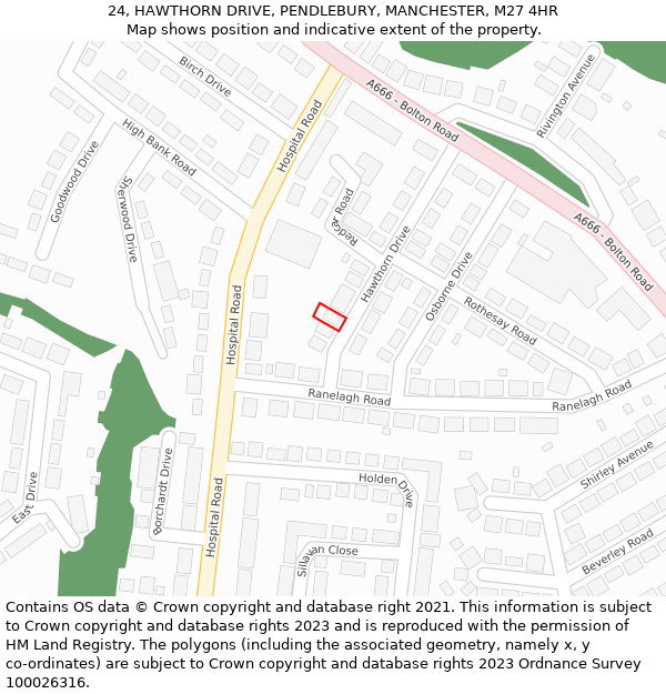 24, HAWTHORN DRIVE, PENDLEBURY, MANCHESTER, M27 4HR: Location map and indicative extent of plot