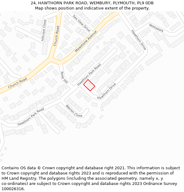 24, HAWTHORN PARK ROAD, WEMBURY, PLYMOUTH, PL9 0DB: Location map and indicative extent of plot