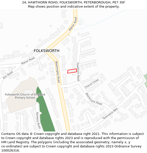 24, HAWTHORN ROAD, FOLKSWORTH, PETERBOROUGH, PE7 3SF: Location map and indicative extent of plot