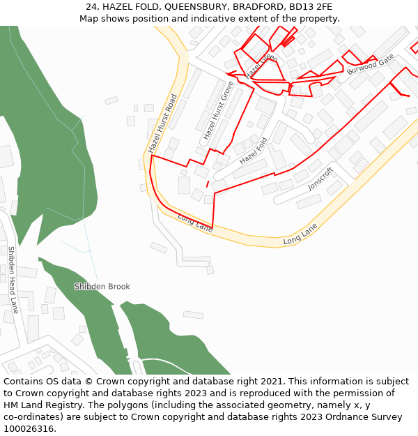 24, HAZEL FOLD, QUEENSBURY, BRADFORD, BD13 2FE: Location map and indicative extent of plot