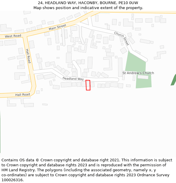 24, HEADLAND WAY, HACONBY, BOURNE, PE10 0UW: Location map and indicative extent of plot