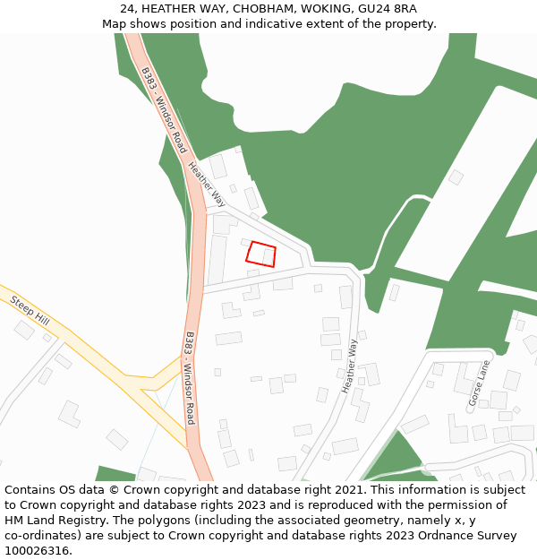 24, HEATHER WAY, CHOBHAM, WOKING, GU24 8RA: Location map and indicative extent of plot