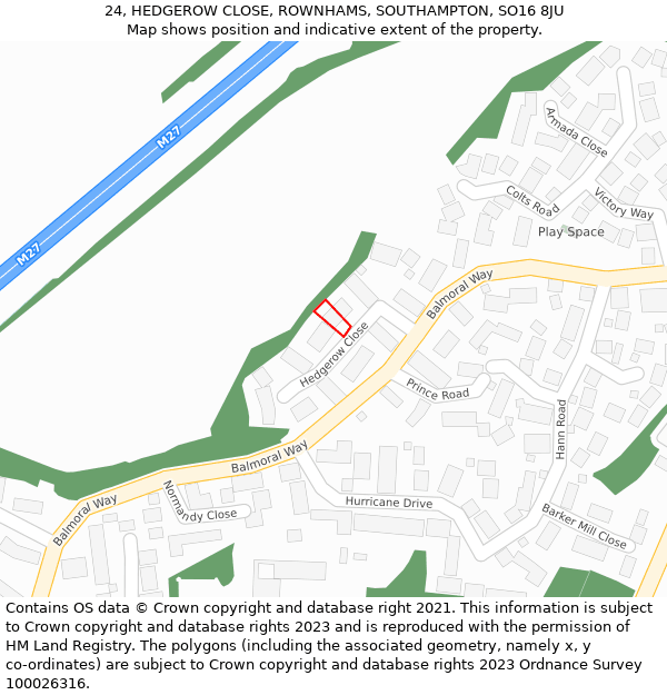 24, HEDGEROW CLOSE, ROWNHAMS, SOUTHAMPTON, SO16 8JU: Location map and indicative extent of plot