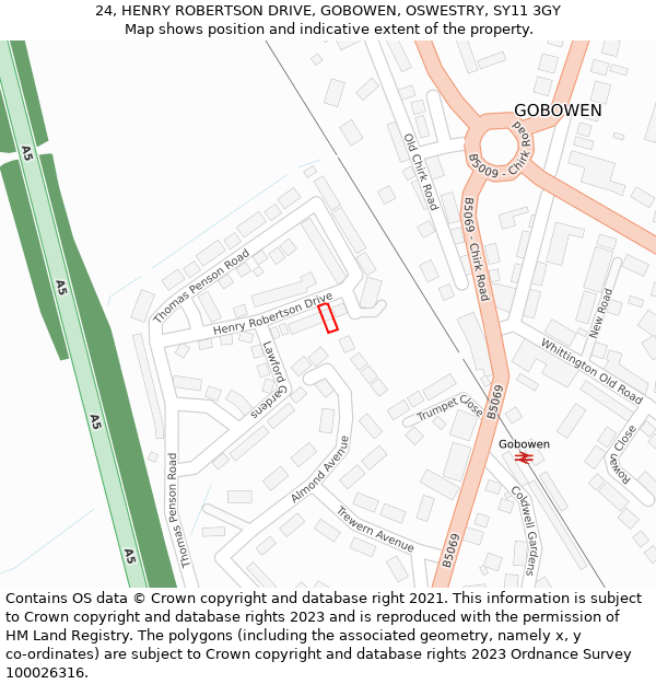 24, HENRY ROBERTSON DRIVE, GOBOWEN, OSWESTRY, SY11 3GY: Location map and indicative extent of plot