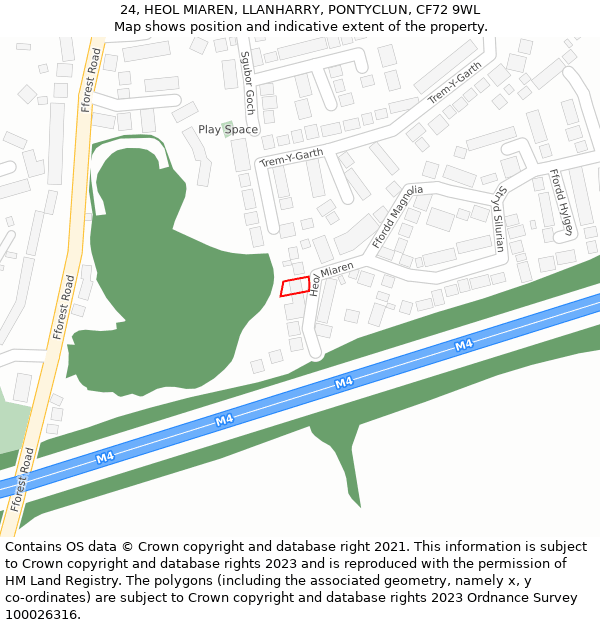 24, HEOL MIAREN, LLANHARRY, PONTYCLUN, CF72 9WL: Location map and indicative extent of plot