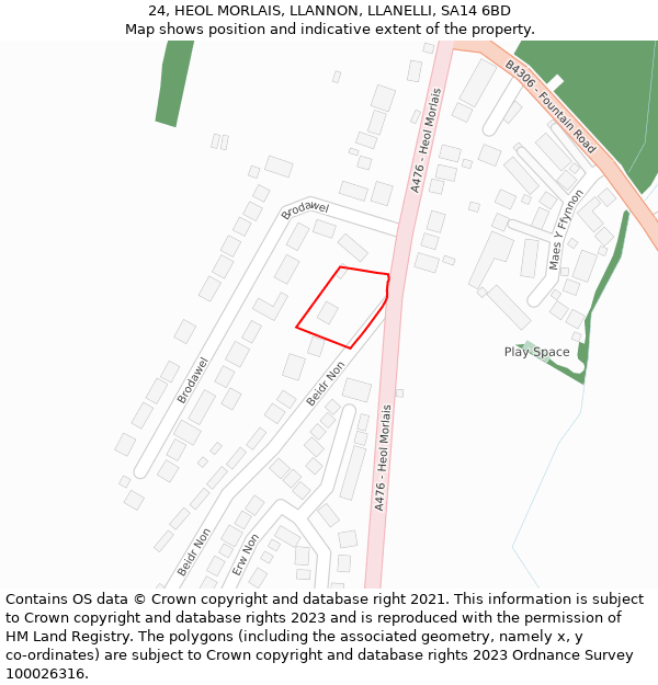 24, HEOL MORLAIS, LLANNON, LLANELLI, SA14 6BD: Location map and indicative extent of plot