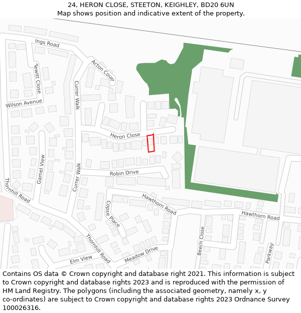 24, HERON CLOSE, STEETON, KEIGHLEY, BD20 6UN: Location map and indicative extent of plot