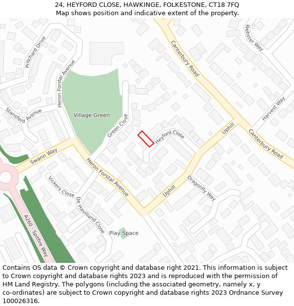 24, HEYFORD CLOSE, HAWKINGE, FOLKESTONE, CT18 7FQ: Location map and indicative extent of plot