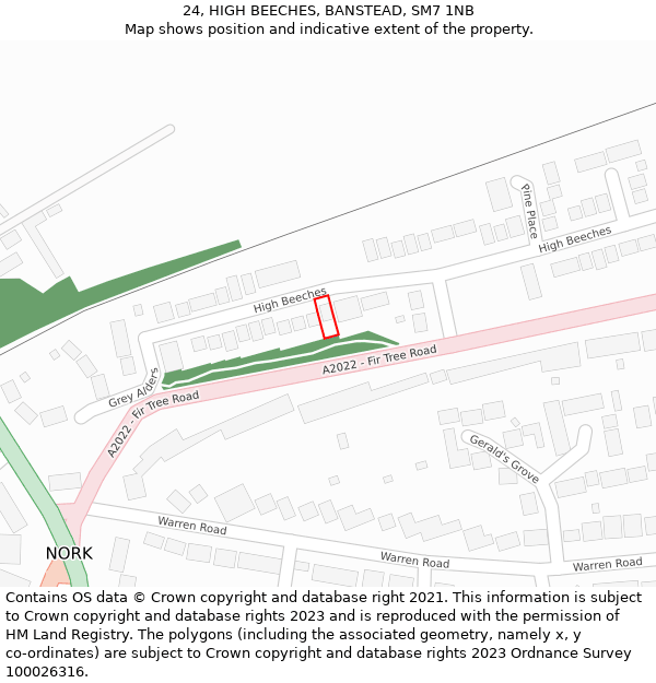 24, HIGH BEECHES, BANSTEAD, SM7 1NB: Location map and indicative extent of plot