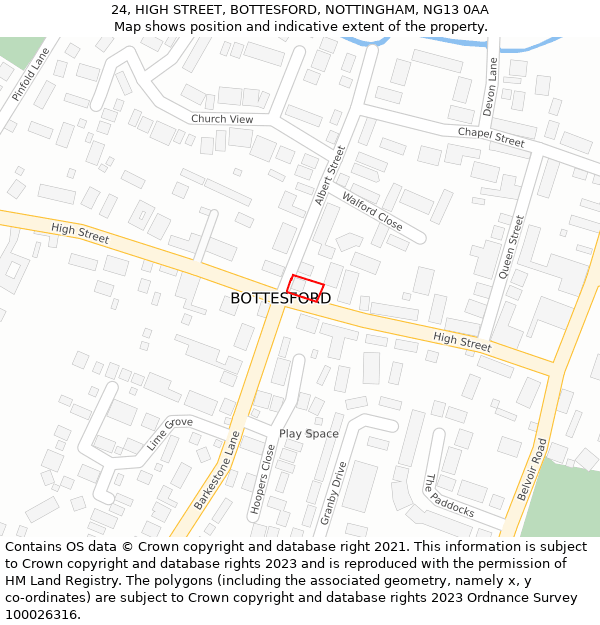 24, HIGH STREET, BOTTESFORD, NOTTINGHAM, NG13 0AA: Location map and indicative extent of plot