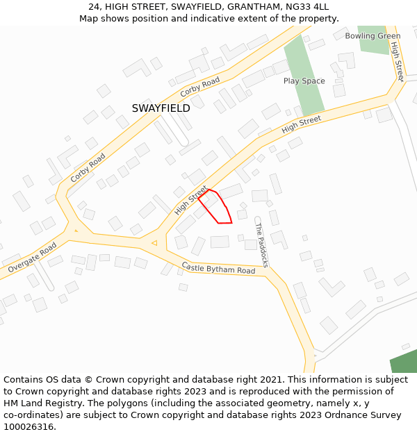 24, HIGH STREET, SWAYFIELD, GRANTHAM, NG33 4LL: Location map and indicative extent of plot