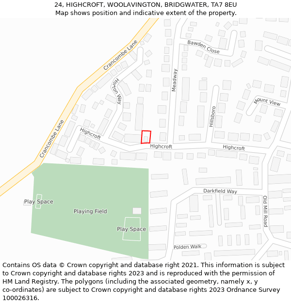 24, HIGHCROFT, WOOLAVINGTON, BRIDGWATER, TA7 8EU: Location map and indicative extent of plot