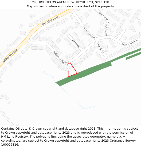 24, HIGHFIELDS AVENUE, WHITCHURCH, SY13 1TB: Location map and indicative extent of plot