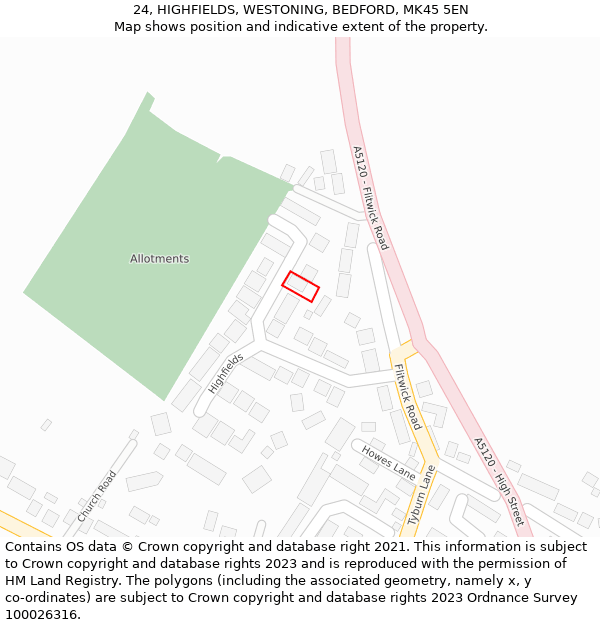 24, HIGHFIELDS, WESTONING, BEDFORD, MK45 5EN: Location map and indicative extent of plot