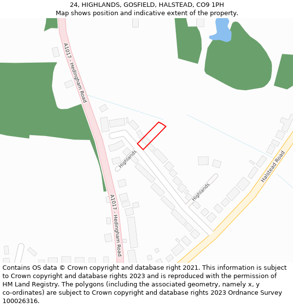 24, HIGHLANDS, GOSFIELD, HALSTEAD, CO9 1PH: Location map and indicative extent of plot