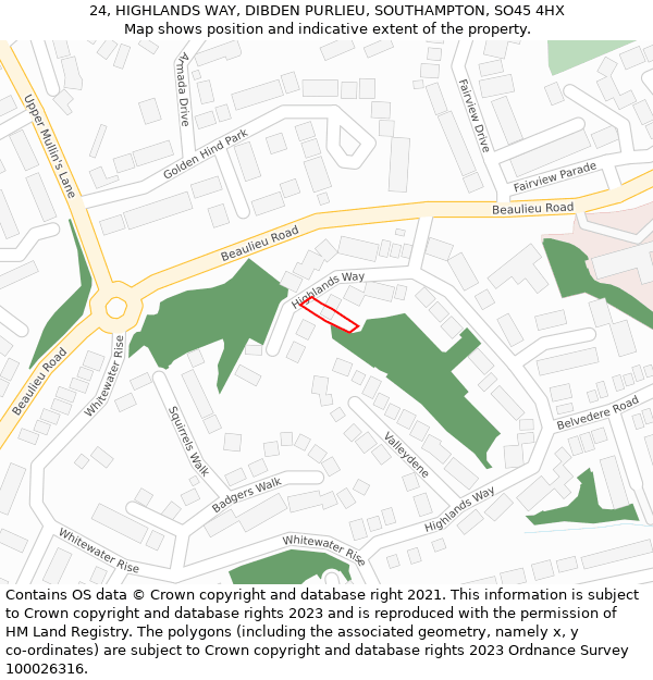 24, HIGHLANDS WAY, DIBDEN PURLIEU, SOUTHAMPTON, SO45 4HX: Location map and indicative extent of plot