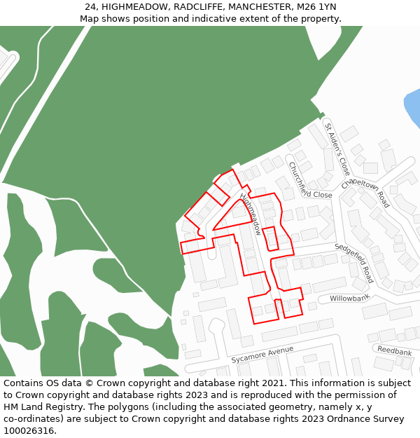 24, HIGHMEADOW, RADCLIFFE, MANCHESTER, M26 1YN: Location map and indicative extent of plot