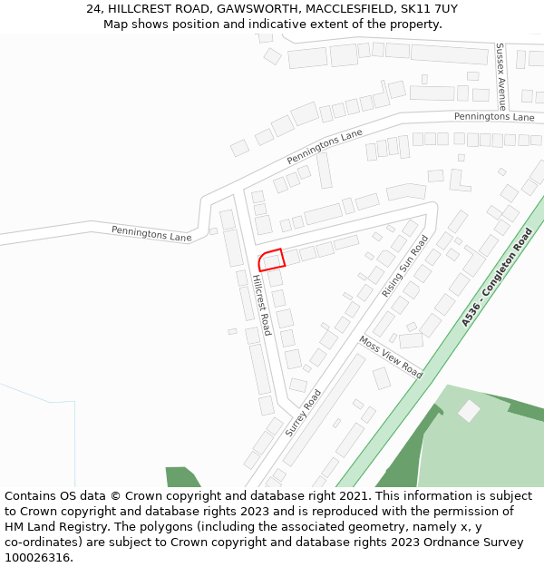 24, HILLCREST ROAD, GAWSWORTH, MACCLESFIELD, SK11 7UY: Location map and indicative extent of plot