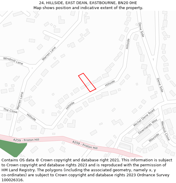 24, HILLSIDE, EAST DEAN, EASTBOURNE, BN20 0HE: Location map and indicative extent of plot